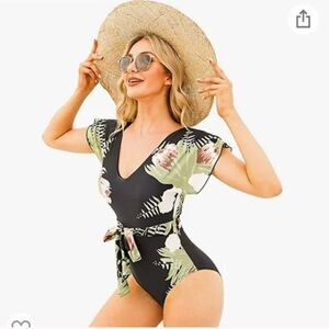 Byinns Ruffle Sleeve V Neck One Piece Swimsuit (L)